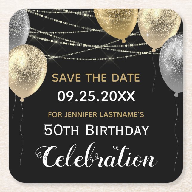 Dessous-de-verre Carré En Papier Ballons de Parties scintillant d'or 50e anniversai (Devant)