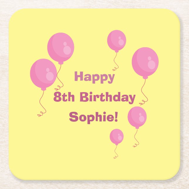 Dessous-de-verre Carré En Papier Ballons jaunes et roses Fille Anniversaire Papier  (Devant)