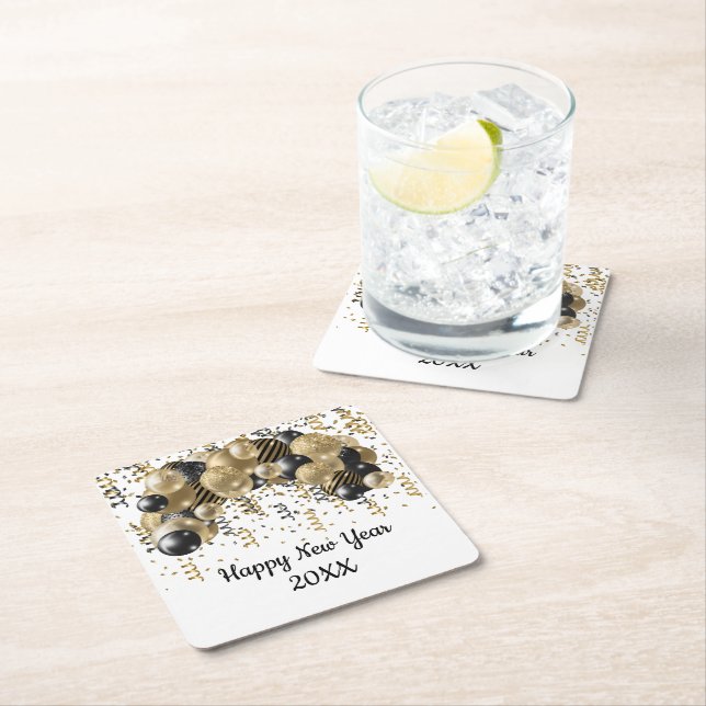Dessous-de-verre Carré En Papier Ballons Noir Or Confetti Nouvel An Soirée (En situation)