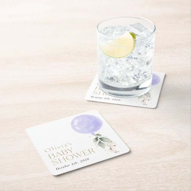 Dessous-de-verre Carré En Papier Balloon pourpre, Eucalyptus, Verdure, Baby shower (En situation)