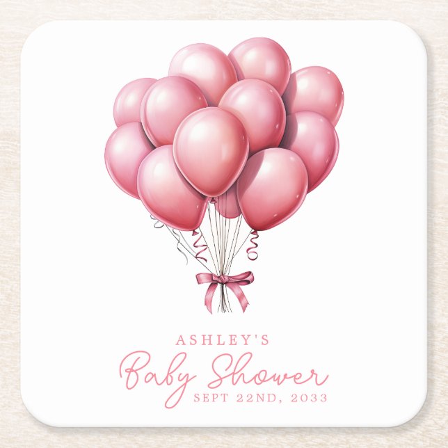 Dessous-de-verre Carré En Papier Balloons roses Aquarelle Baby shower fille (Devant)