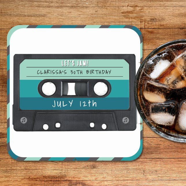 Dessous-de-verre Carré En Papier Bande Bleue Retro Fête d'anniversaire (Cassette Tape Blue Retro Birthday Party Square Paper Coaster
)