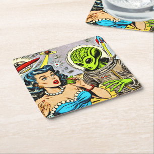 Dessous-de-verre Carré En Papier Bande dessinée de science fiction Alien rétro