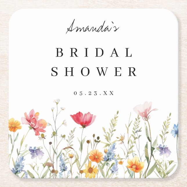 Dessous-de-verre Carré En Papier Baptême de mariage à l'aquarelle avec fleurs sauva (Devant)