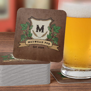 Dessous-de-verre Carré En Papier Bar à houblon personnalisé Blason de votre pub Mon