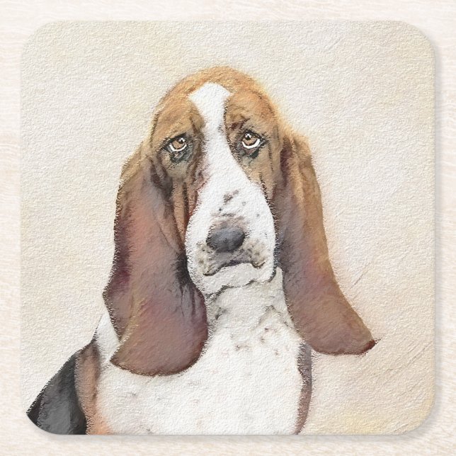 Dessous-de-verre Carré En Papier Basset Hound Peinture - Cute Original Chien Art (Devant)