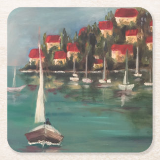 Dessous-de-verre Carré En Papier Bateaux et toits rouges en Italie, peinture à l'hu