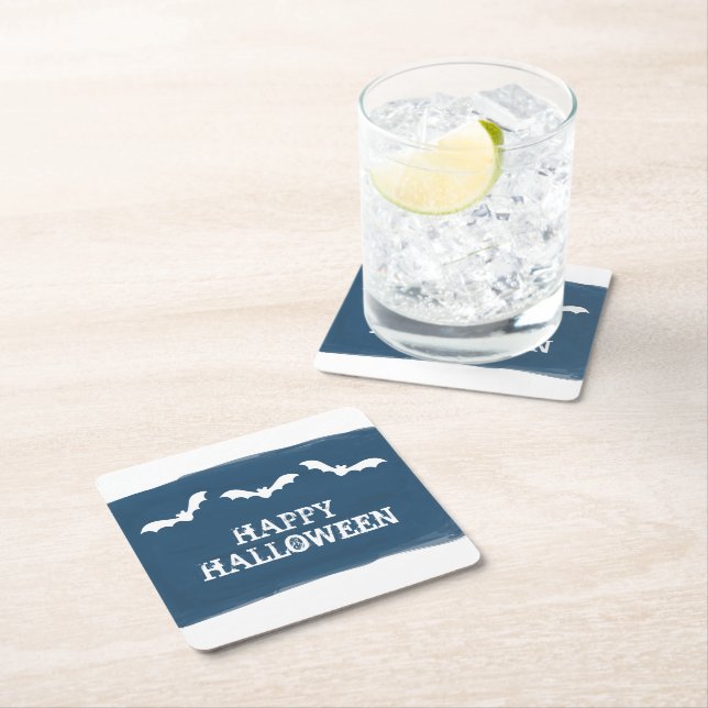 Dessous-de-verre Carré En Papier Bats bleu blanc Aquarelle Halloween (En situation)