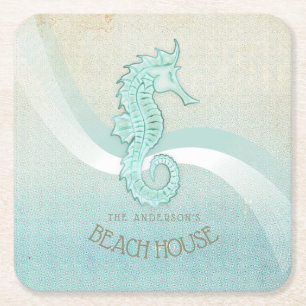 Dessous-de-verre Carré En Papier Beach House Seahorse Aqua Blue ID623