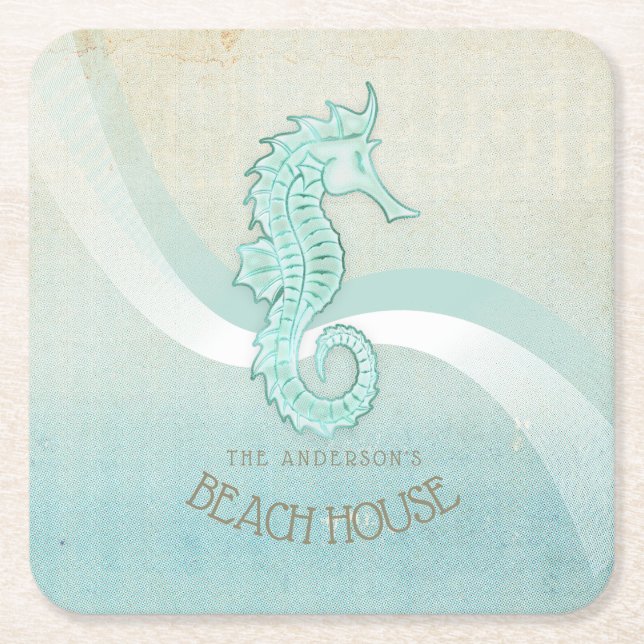 Dessous-de-verre Carré En Papier Beach House Seahorse Aqua Blue ID623 (Devant)
