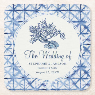 Dessous-de-verre Carré En Papier Beach Sea Coral Shibori Navy Blue Ocean Mariage