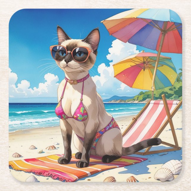 Dessous-de-verre Carré En Papier Beach themed for Siamese Cat lovers (Devant)
