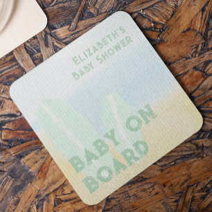 Dessous-de-verre Carré En Papier Bébé à bord Surfing Plage Aquarelle Baby Shower