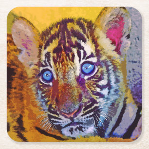 Dessous-de-verre Carré En Papier Bébé aux yeux bleus Tigre