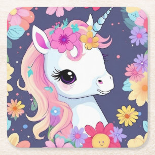 Dessous-de-verre Carré En Papier Bébé blanc adorable licorne avec fleurs