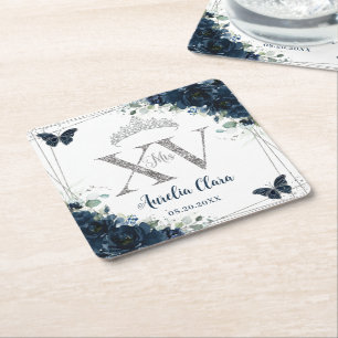 Dessous-de-verre Carré En Papier Bébé Bleu Floral Papillons Argent Quinceañera XV