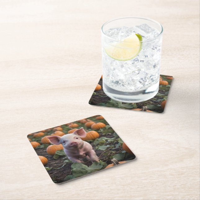 Dessous-de-verre Carré En Papier Bébé Cochon Dans Le Patch Citrouille, (En situation)
