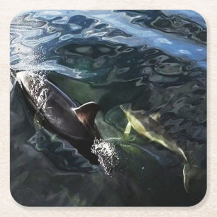 Dessous-de-verre Carré En Papier Bébé dauphin avec sa mère nageant dans l'océan, Ar