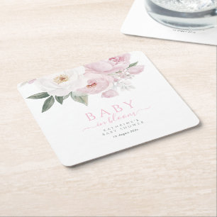 Dessous-de-verre Carré En Papier bébé en fleur baby shower fleuri rose