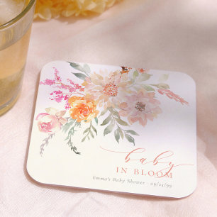 Dessous-de-verre Carré En Papier Bébé en Fleur Rose Pâle Fleurie Baby Shower Fille