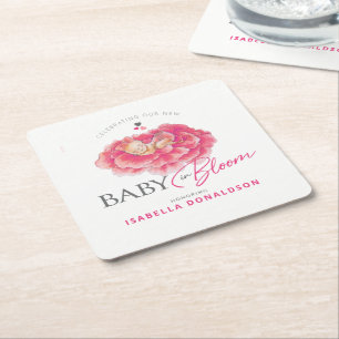 Dessous-de-verre Carré En Papier Bébé en fleurs baby shower aquarelle rose fantaisi