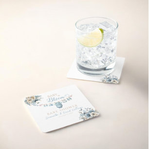 Dessous-de-verre Carré En Papier Bébé en fleurs Bleu Floral Baby Shower Garçon