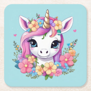 Dessous-de-verre Carré En Papier Bébé magique licorne avec fleurs
