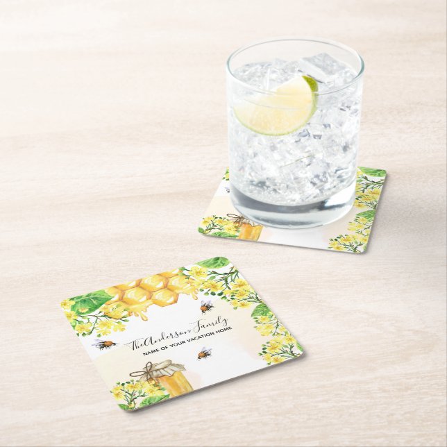 Dessous-de-verre Carré En Papier Bee nid d'abeille fleurons jaunes nom de famille (En situation)