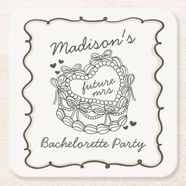 Dessous-de-verre Carré En Papier Beige Bow Retro Coquette gâteau Bachelorette (Devant)
