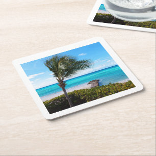 Dessous-de-verre Carré En Papier Belle plage tropicale aux palmiers venteux