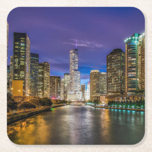 Dessous-de-verre Carré En Papier Belle rivière Chicago au coucher du soleil, Illino