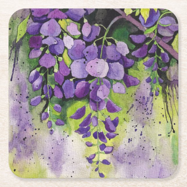 Dessous-de-verre Carré En Papier Belles Fleurs De Wisteria En Aquarelle (Devant)