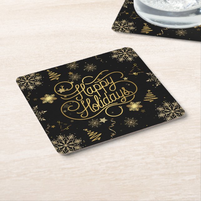 Dessous-de-verre Carré En Papier Belles Vacances stylish Gold et Black Happy (Incliné)