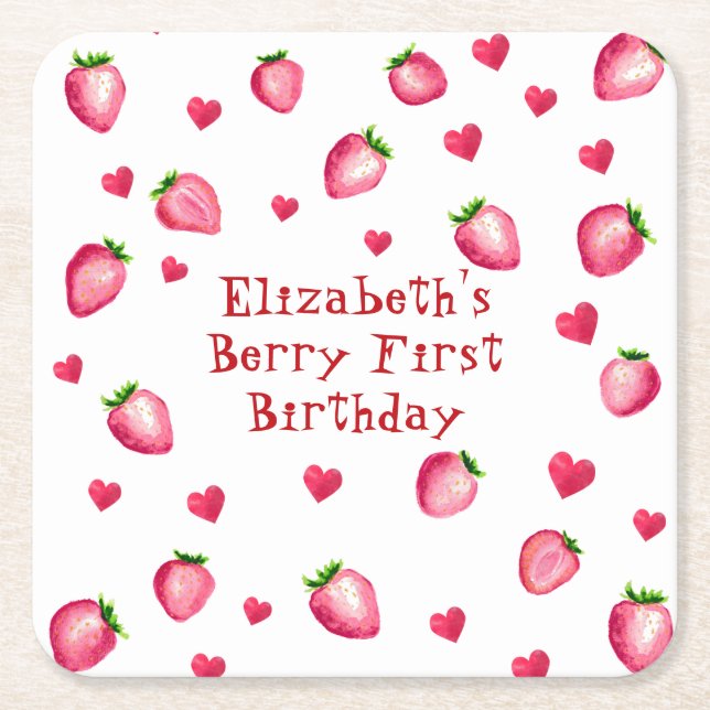 Dessous-de-verre Carré En Papier Berry First Birthday Party Coeurs fraises (Devant)
