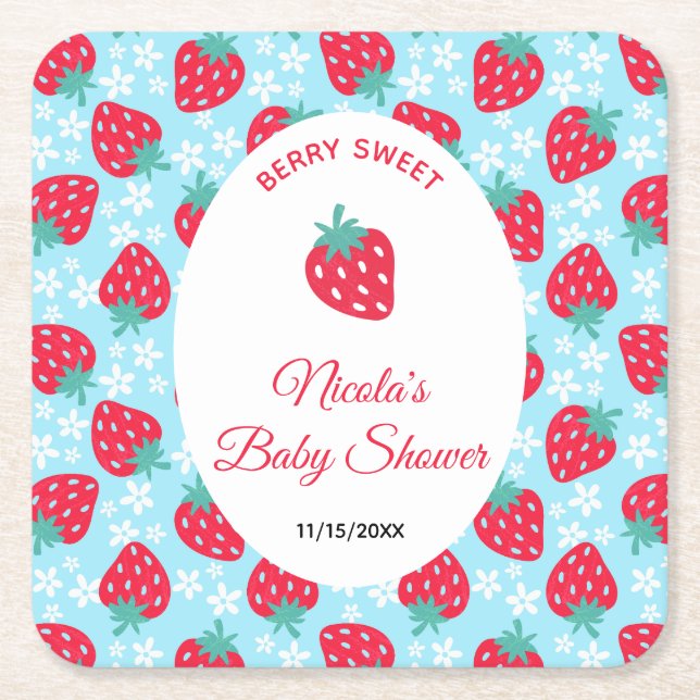 Dessous-de-verre Carré En Papier Berry Sweet Blue Strawberry Baby Shower (Devant)