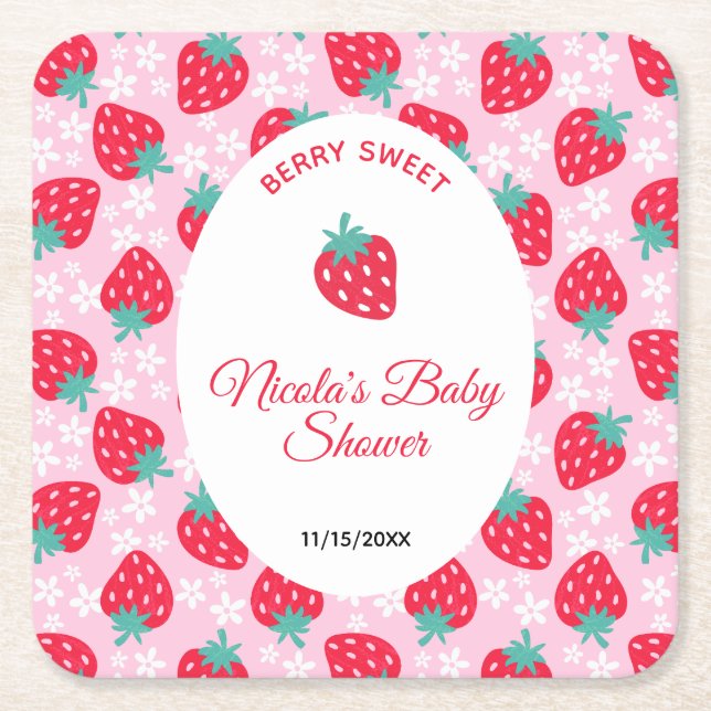 Dessous-de-verre Carré En Papier Berry Sweet Pink Strawberry Baby Shower (Devant)