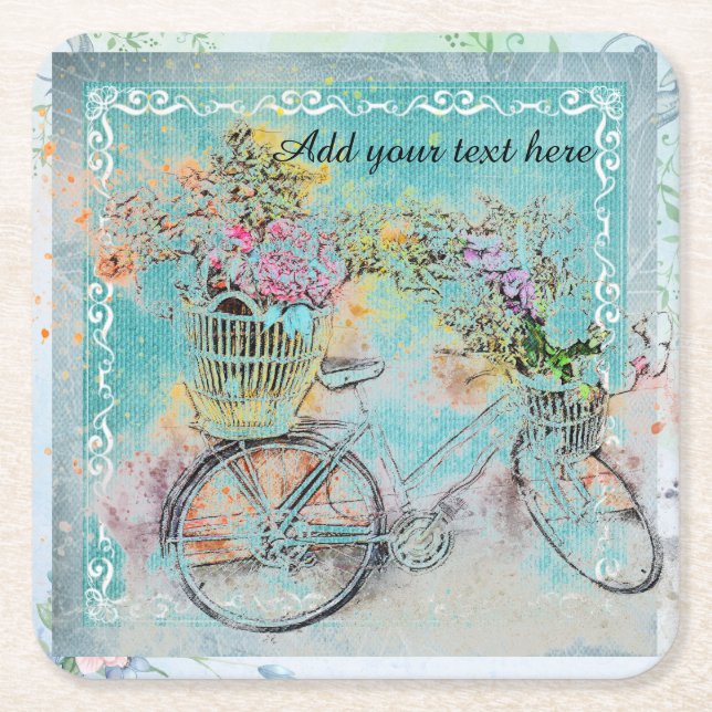 Dessous-de-verre Carré En Papier Bicycle with flower baskets on blue burlap (Devant)