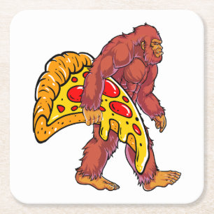 Dessous-de-verre Carré En Papier Bigfoot drôle marcher avec grande tranche de pizza