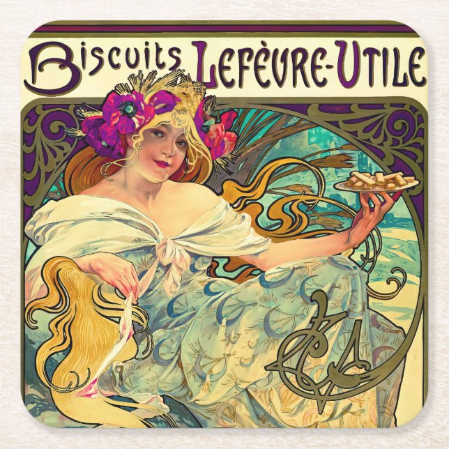 Dessous-de-verre Carré En Papier Biscuits Lefevre-Utile par Alphonse Mucha (1896) (Devant)