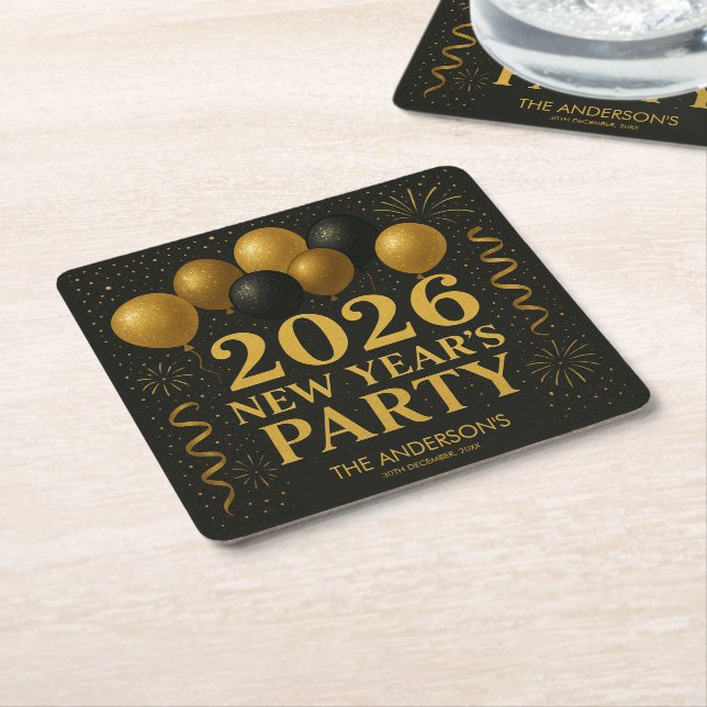 Dessous-de-verre Carré En Papier Black And Gold 2026 New Year Party (Incliné)