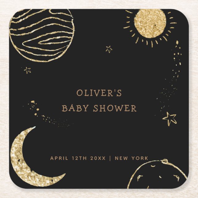 Dessous-de-verre Carré En Papier Black Gold Galaxy Lune Star Baby shower garçon (Devant)