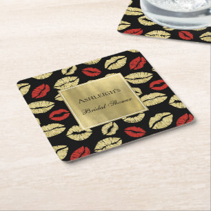 Dessous-de-verre Carré En Papier Black Gold Glam Lèvres Réception de Mariage
