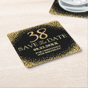Dessous-de-verre Carré En Papier Black Gold Glitter 38e Anniversaire Enregistrer la