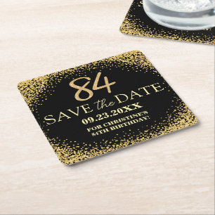 Dessous-de-verre Carré En Papier Black Gold Glitter 84e Anniversaire Enregistrer la