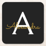 Dessous-de-verre Carré En Papier Black Gold Modern Script Girl Monogramme Nom<br><div class="desc">Dessous de verre en papier noir et or Simple Script Monogramme Nom. Cela fait le cadeau parfait de remise de diplômes,  anniversaire,  mariage,  douche nuptiale,  anniversaire,  baby shower ou bachelorette pour quelqu'un qui aime le luxe glam et les styles chic.</div>