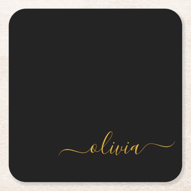 Dessous-de-verre Carré En Papier Black Gold Modern Script Girl Monogramme Nom (Devant)