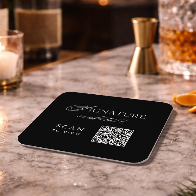 Dessous-de-verre Carré En Papier Black Signature Cocktail QR Code Wedding Coaster (Créateur téléchargé)