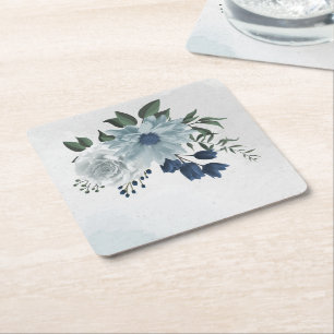 Dessous-de-verre Carré En Papier blanc & bleu mariage fleuri