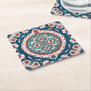 Dessous-de-verre Carré En Papier Bleu blanc rouge Turquoise Oriental Azulejo Motif