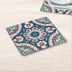 Dessous-de-verre Carré En Papier Bleu blanc rouge Turquoise Oriental Azulejo Motif
